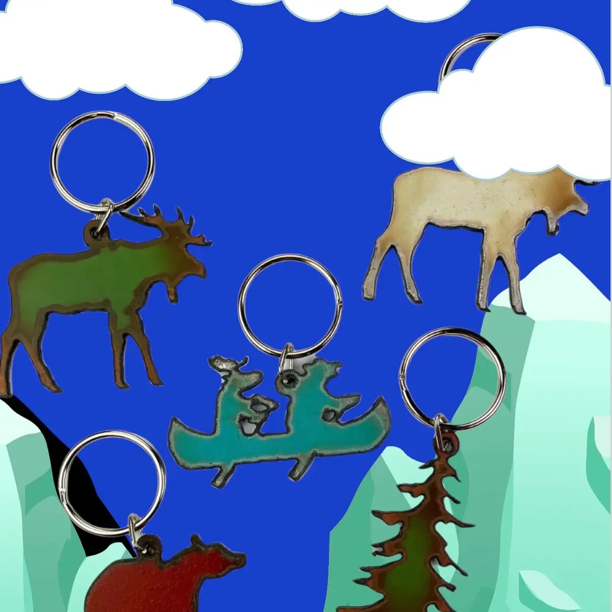 Keychain Lodge Moose Bear Canoe Tree Outdoors Rustic Metal IJ-52105