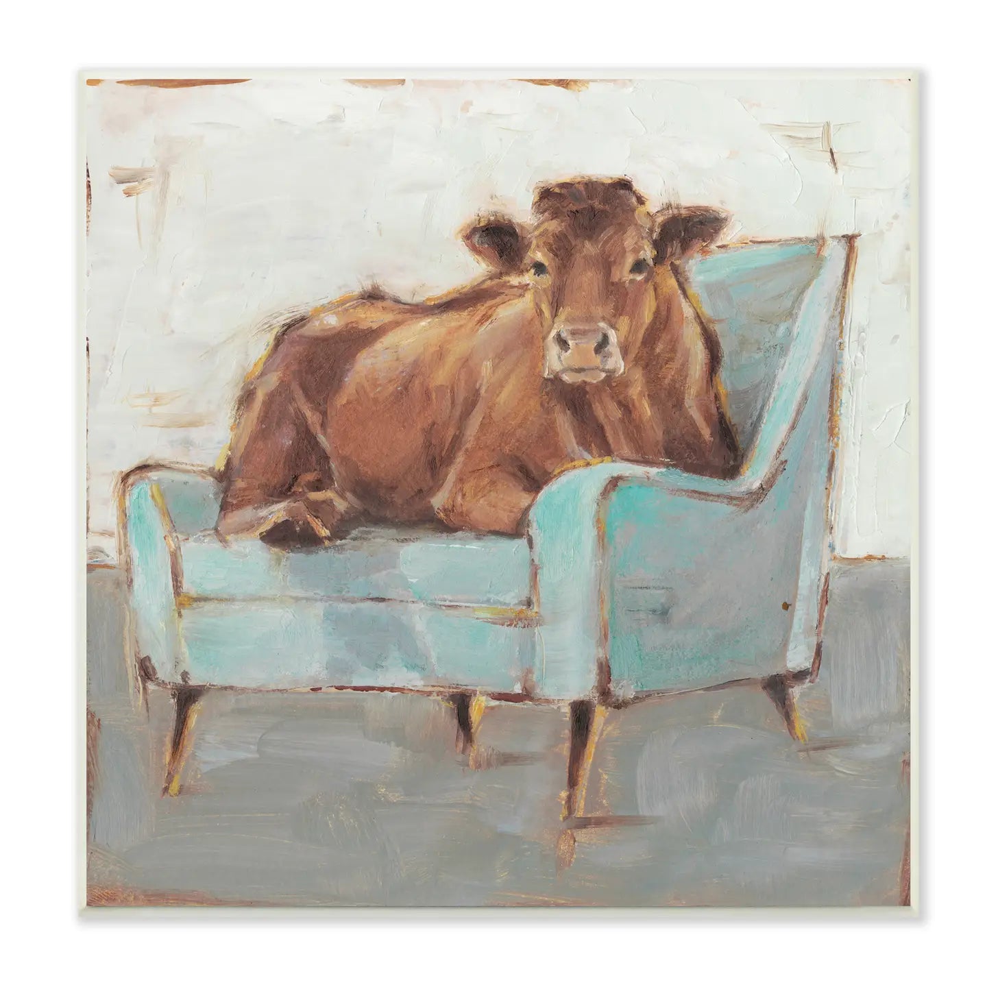 Brown Bull On A Blue Couch Neutral Color Painting Wall Art  SI-aap-275_wd_12x12