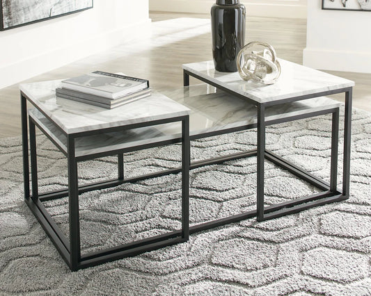 Donnesta Coffee Table 2 End Tables Faux Carrera White Marble/Black Metal (Set of 3) AY-T182-13