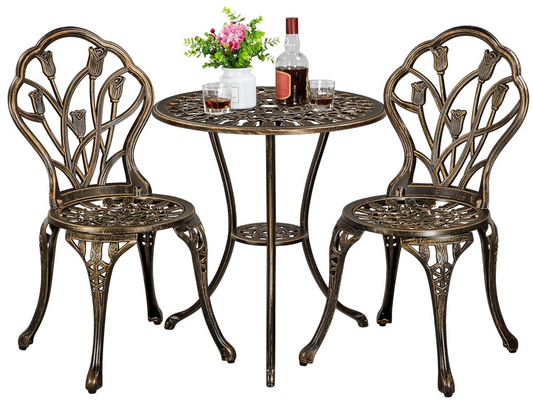 Patio Bistro Dining Table w 2 Chairs Outdoor Rust-Resistant Cast Aluminum Garden 3pc Set Bronze ZA-32601