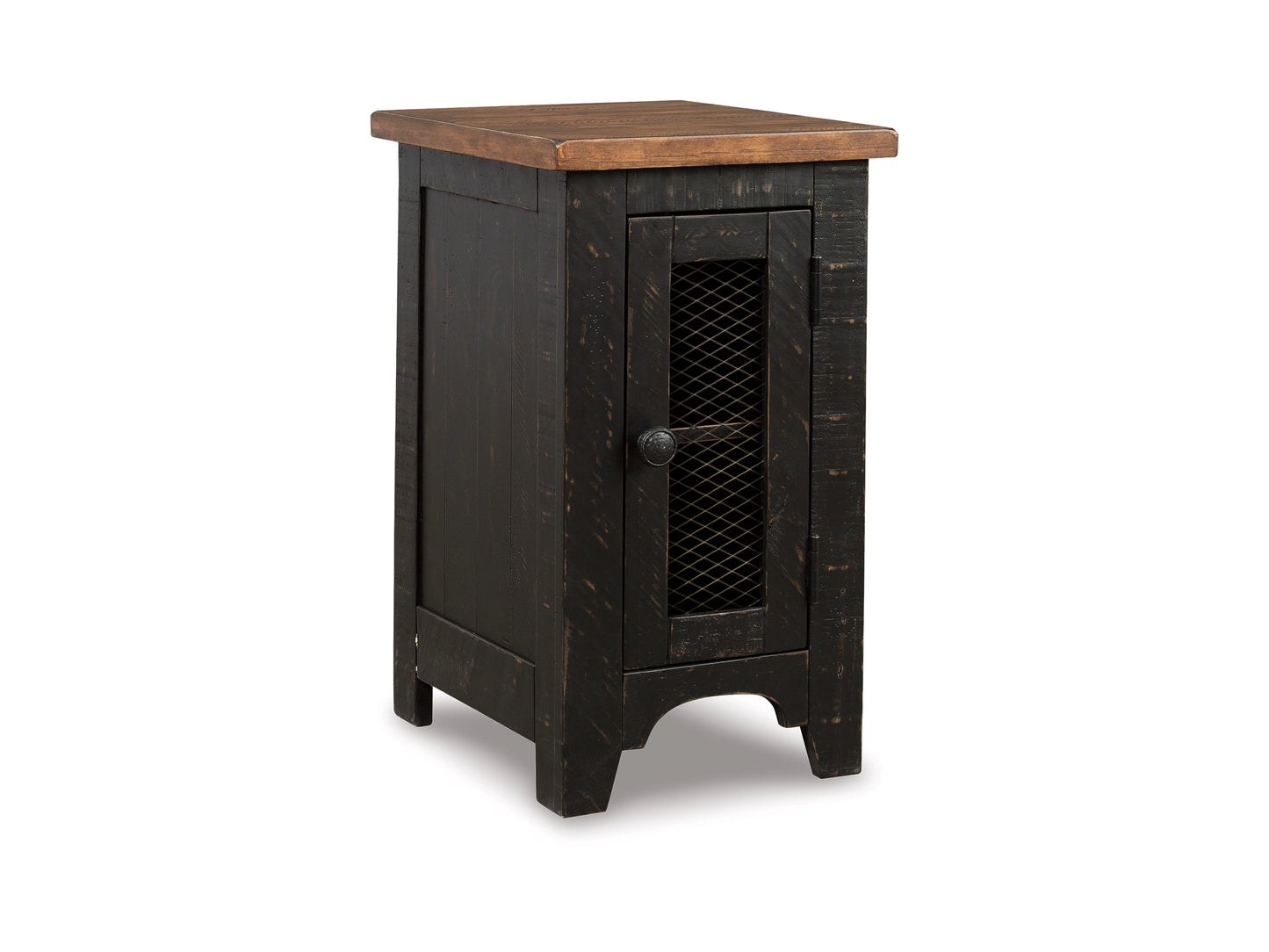 Valebeck Chairside End Table Cabinet Black w/ Brown Wood Top NEW AY-T468-7